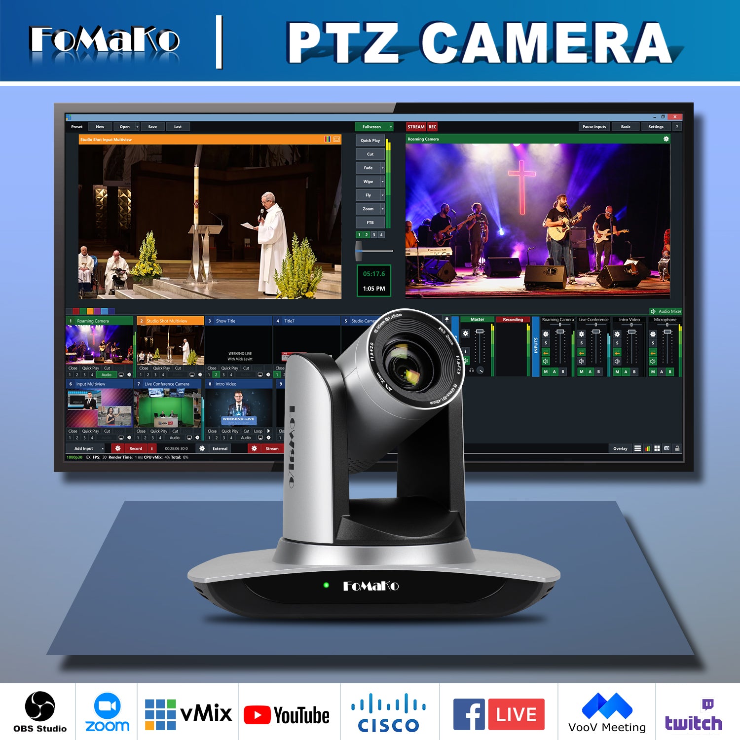 FoMaKo FMK12UH Pro(20x) HDMI PTZ Camera AI Auto-Tracking Gen 3, 20x Optical Zoom, IP USB3.0 HDMI Camera for Church Services Worship Education,NDI Upgradeable (Silvery)