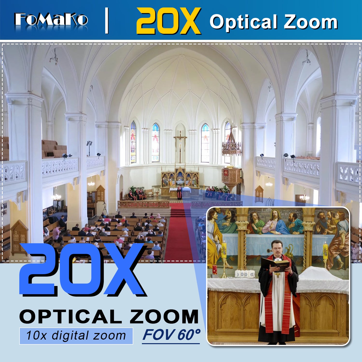 FoMaKo FMK12UH Pro(20x) HDMI PTZ Camera AI Auto-Tracking Gen 3, 20x Optical Zoom, IP USB3.0 HDMI Camera for Church Services Worship Education,NDI Upgradeable (Silvery)
