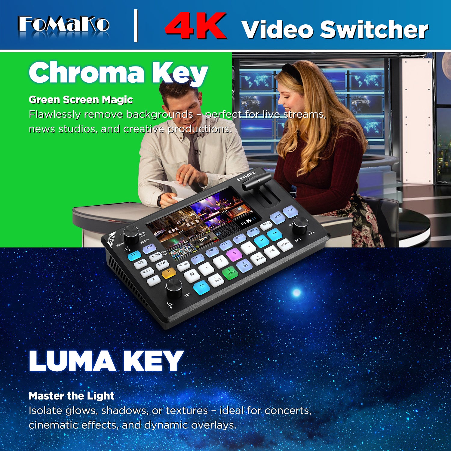 FoMaKo 4K HDMI Video Mixer Switcher, 5.5 Inch FHD LCD Screen, 4-Channel HDMI Live Streaming Switcher, 4K 60FPS Input, 1080p 60FPS Output, Support PTZ Controller,KC602