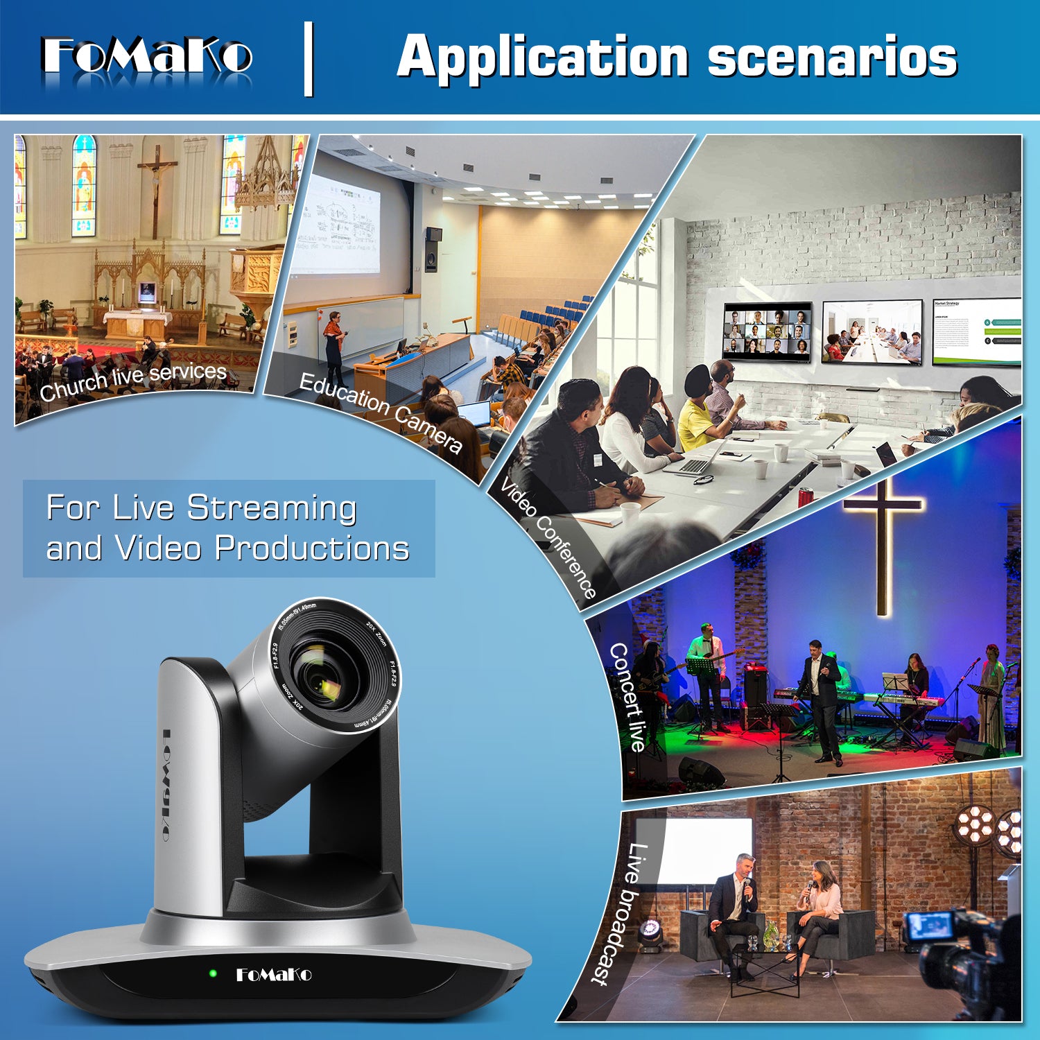 FoMaKo FMK12UH Pro(20x) HDMI PTZ Camera AI Auto-Tracking Gen 3, 20x Optical Zoom, IP USB3.0 HDMI Camera for Church Services Worship Education,NDI Upgradeable (Silvery)