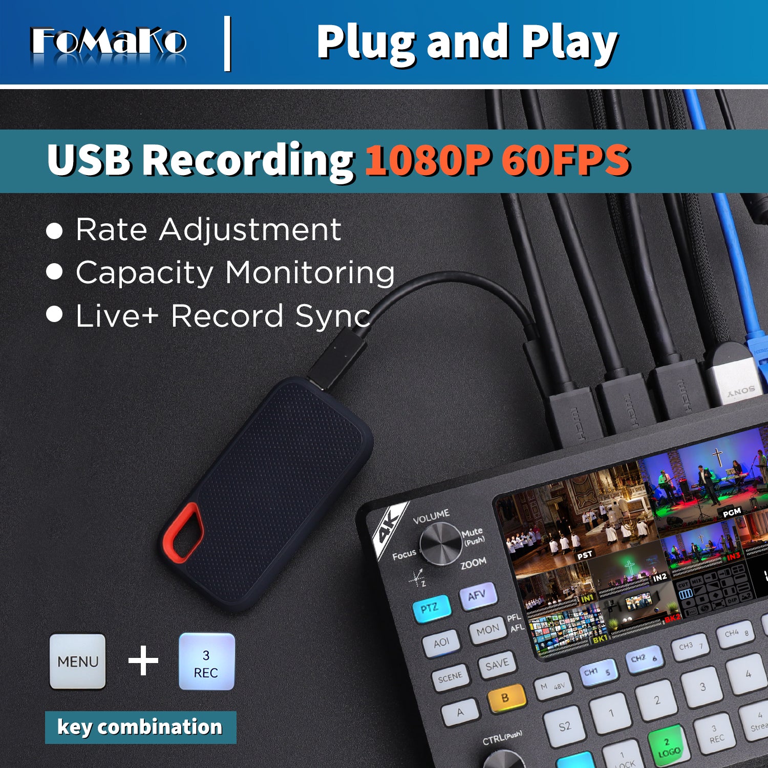 FoMaKo 4K HDMI Video Mixer Switcher, 5.5 Inch FHD LCD Screen, 4-Channel HDMI Live Streaming Switcher, 4K 60FPS Input, 1080p 60FPS Output, Support PTZ Controller,KC602