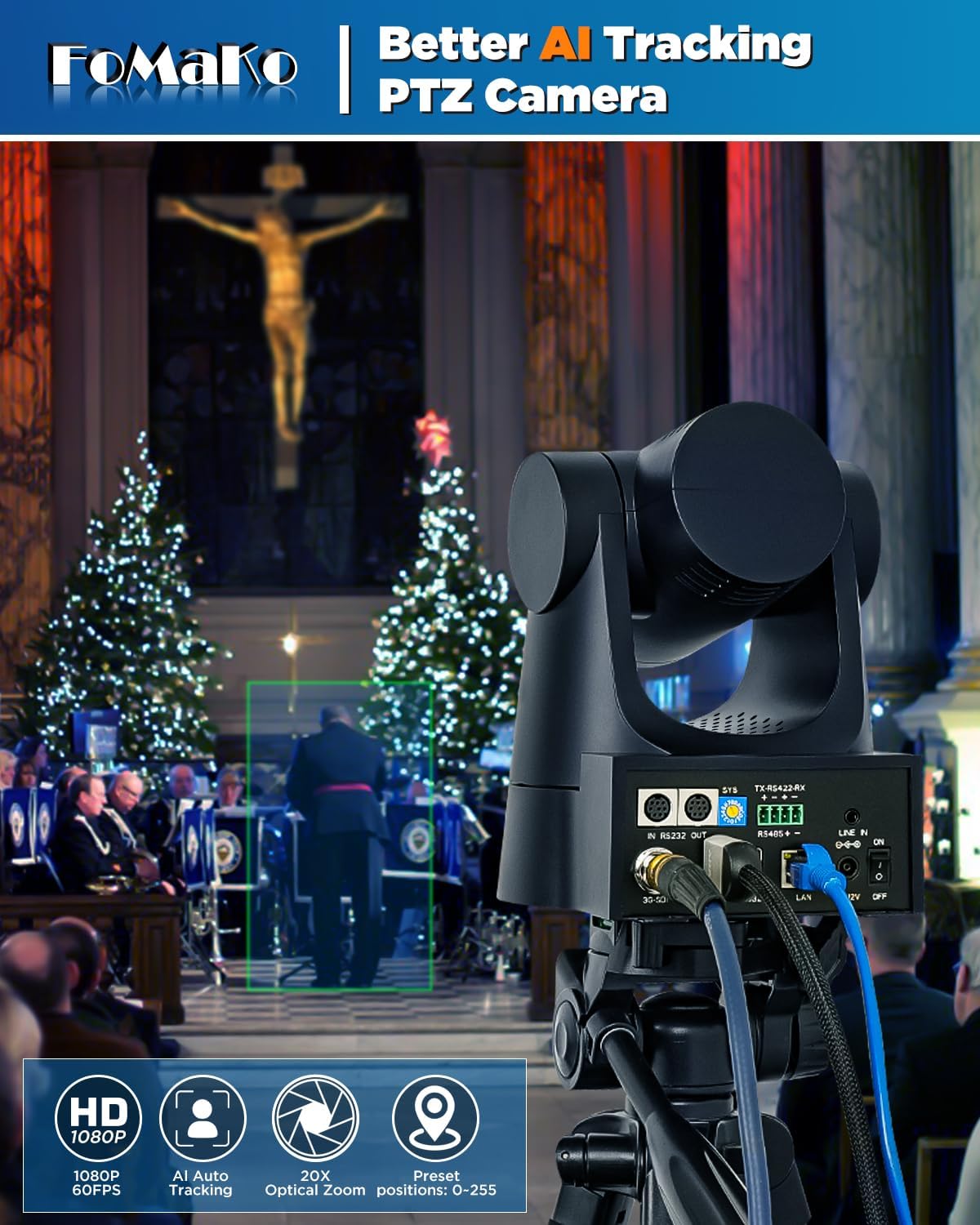 FoMaKo FMK20SDI Pro PTZ Camera HDMI, AI Auto-Tracking Gen 3, 20x Optical Zoom, True to Life Colors, PoE, HDMI PTZ Camera for Church Services Worship Education vMix OBS