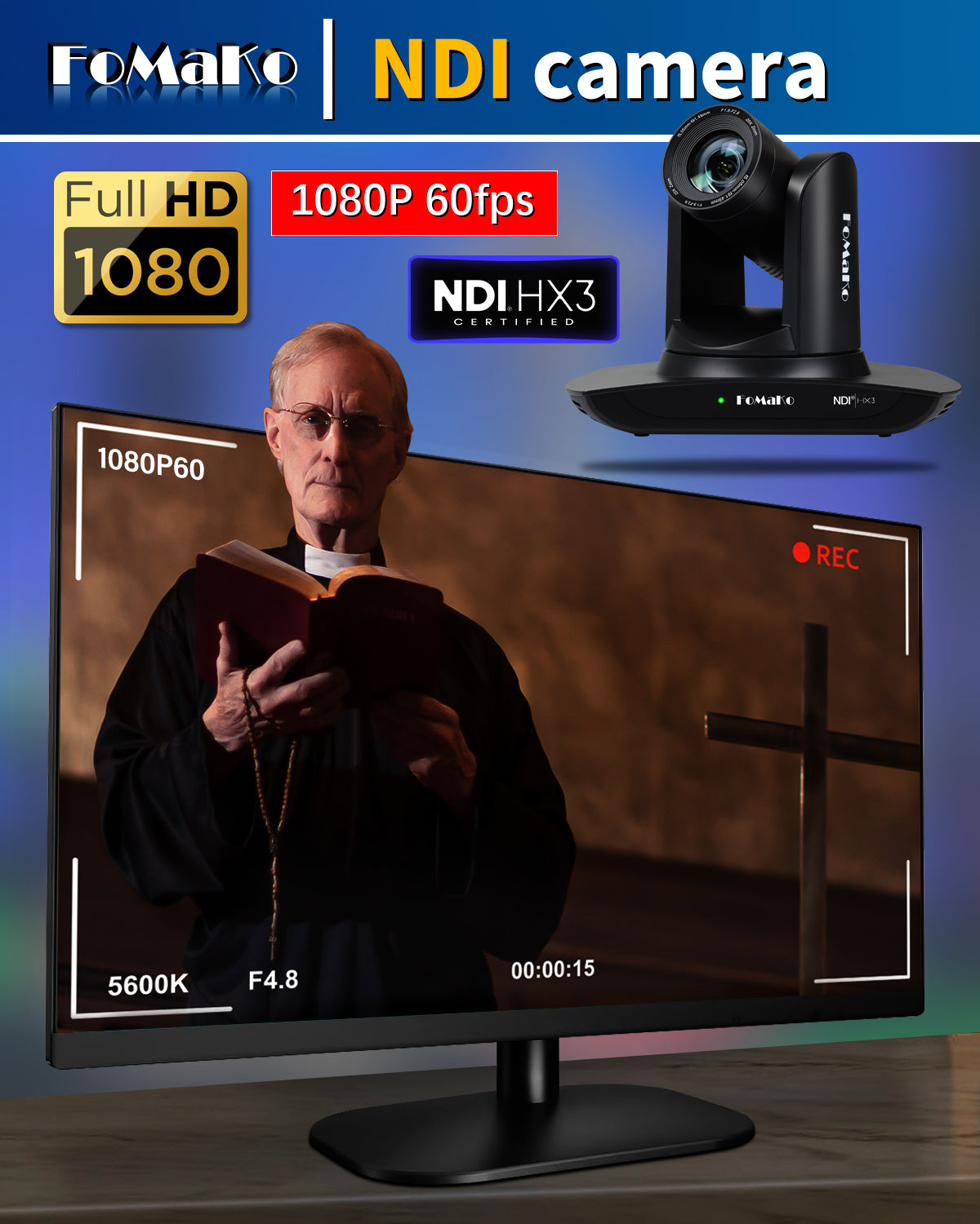 FoMaKo FMK20UH NDI-B NDI PTZ Camera, AI Auto-Tracking Gen 3, 20x Optical Zoom LAN USB3.0 HDMI PTZ Camera for Church Services Worship Education (NDI 6 & NDI HX3) (Black Color)