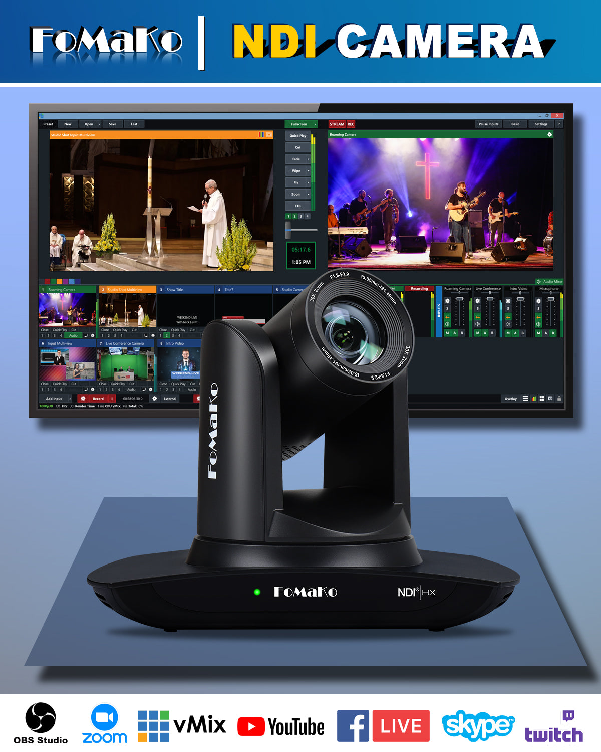 FoMaKo FMK30UH NDI-B NDI PTZ Camera,AI Auto-Tracking Gen 3, 30x Optical Zoom IP USB3.0 HDMI PTZ Camera for Church Services Worship Education (NDI 6 & NDI HX3 Certified)