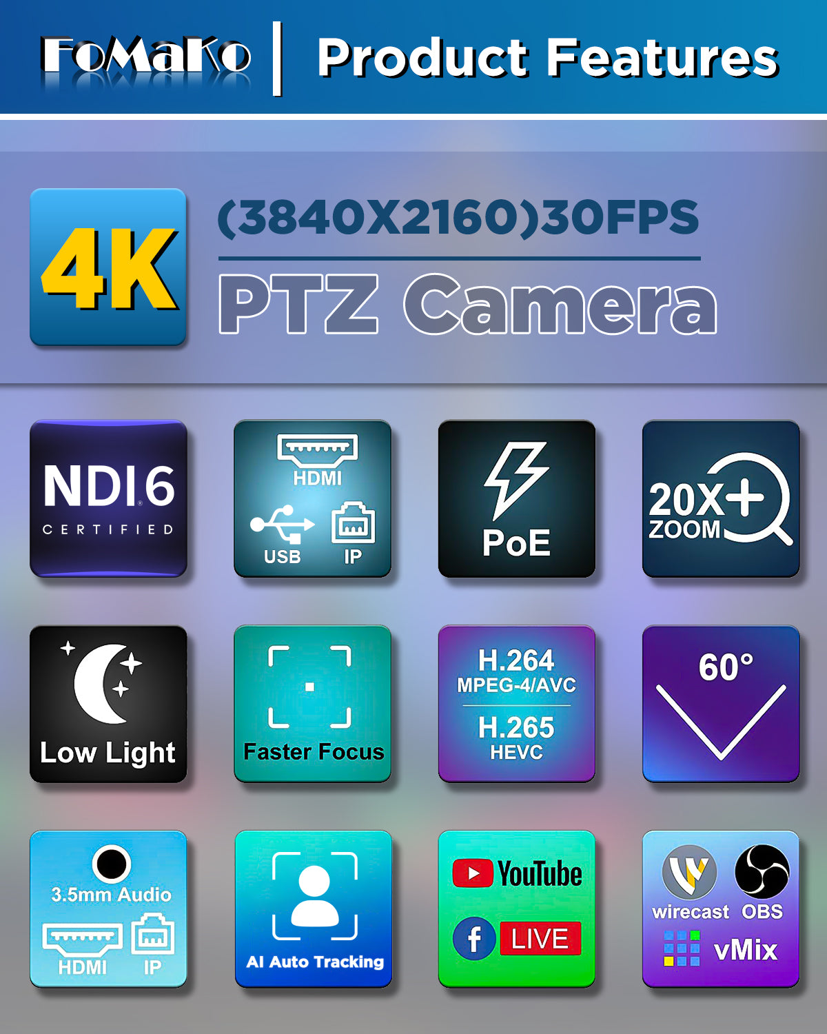 FoMaKo K20UH 4K HDMI PTZ Camera with AI Auto-Tracking(Gen 3), NDI HX3 Certified, 20X Optical Zoom, USB 3.0/LAN, PTZ Camera 4K for Church, Worship, Education, Conferences,(NDI License Included)