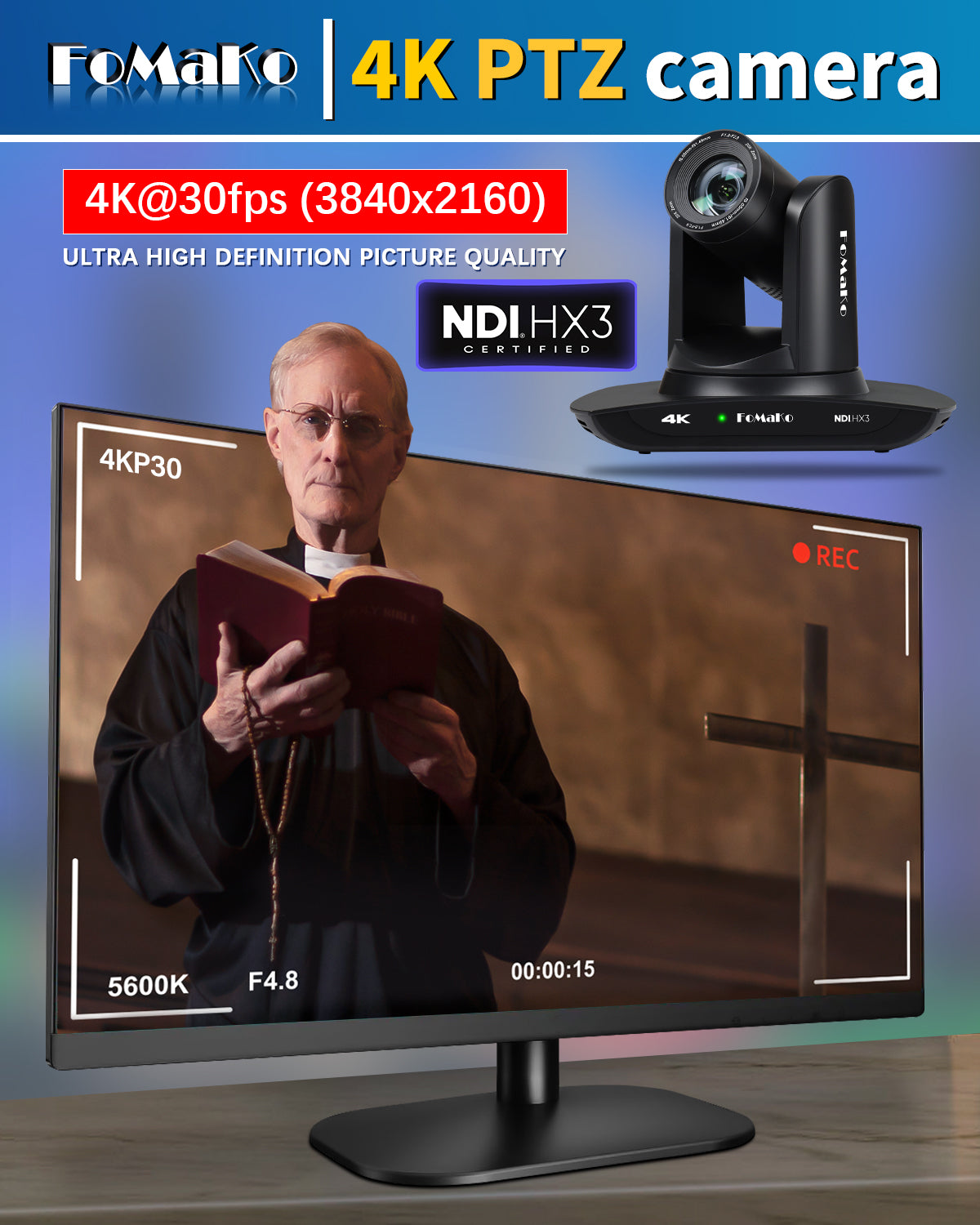 FoMaKo K20UH 4K HDMI PTZ Camera with AI Auto-Tracking(Gen 3), NDI HX3 Certified, 20X Optical Zoom, USB 3.0/LAN, PTZ Camera 4K for Church, Worship, Education, Conferences,(NDI License Included)