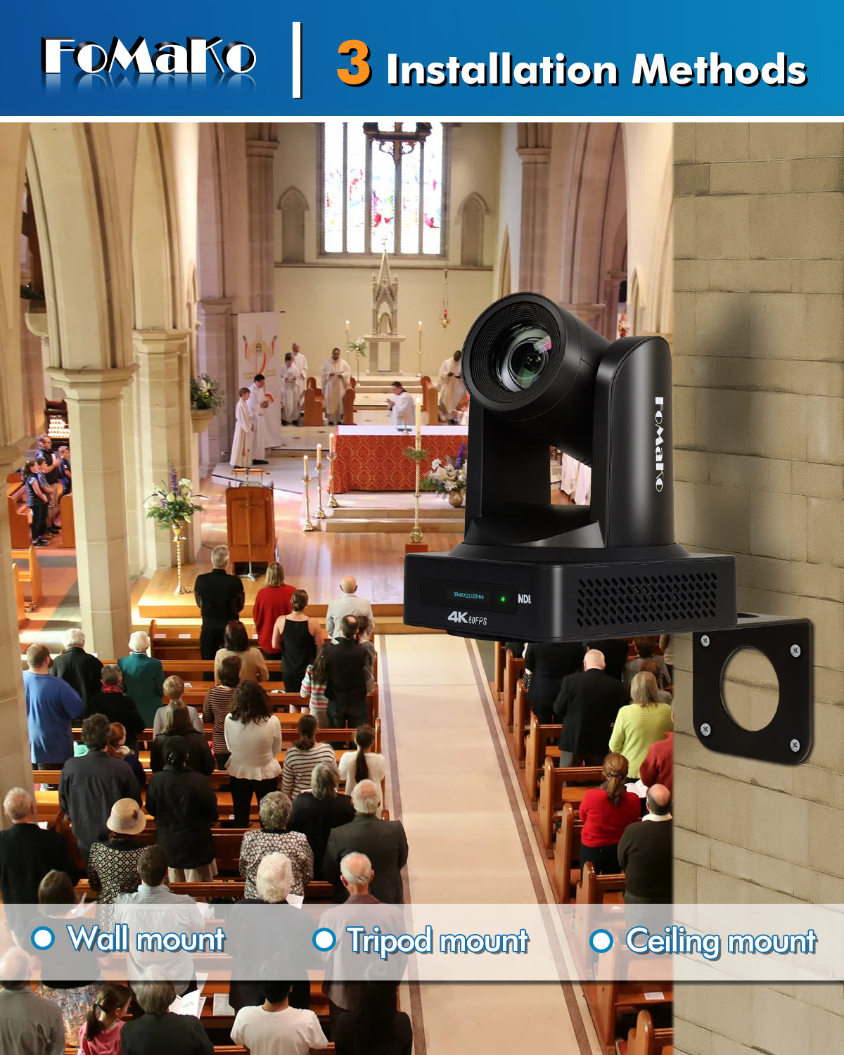 FoMaKo 4K NDI PTZ Camera, Support NDI HX3 4K 60fps Video Output, 20x Optical Zoom, AI Auto-Tracking Gen 3, 3G-SDI LAN USB PoE, for Church Worship Live Services Live Studio(NDI 6 and NDI | HX3) K800N