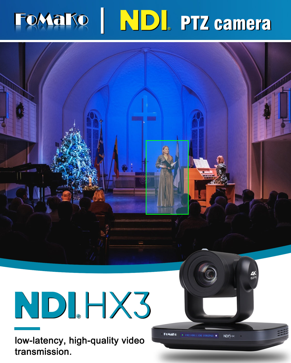 FoMaKo K820N 60FPS 4K NDI PTZ Camera, 20X Optical Zoom, Supports NDI 4K 60fps, 4KP60 AI Auto-Tracking, 1/1.8 UHD CMOS 8.42MP, USB 3.0 3G-SDI HDMI, for Church, Worship, Education, Events