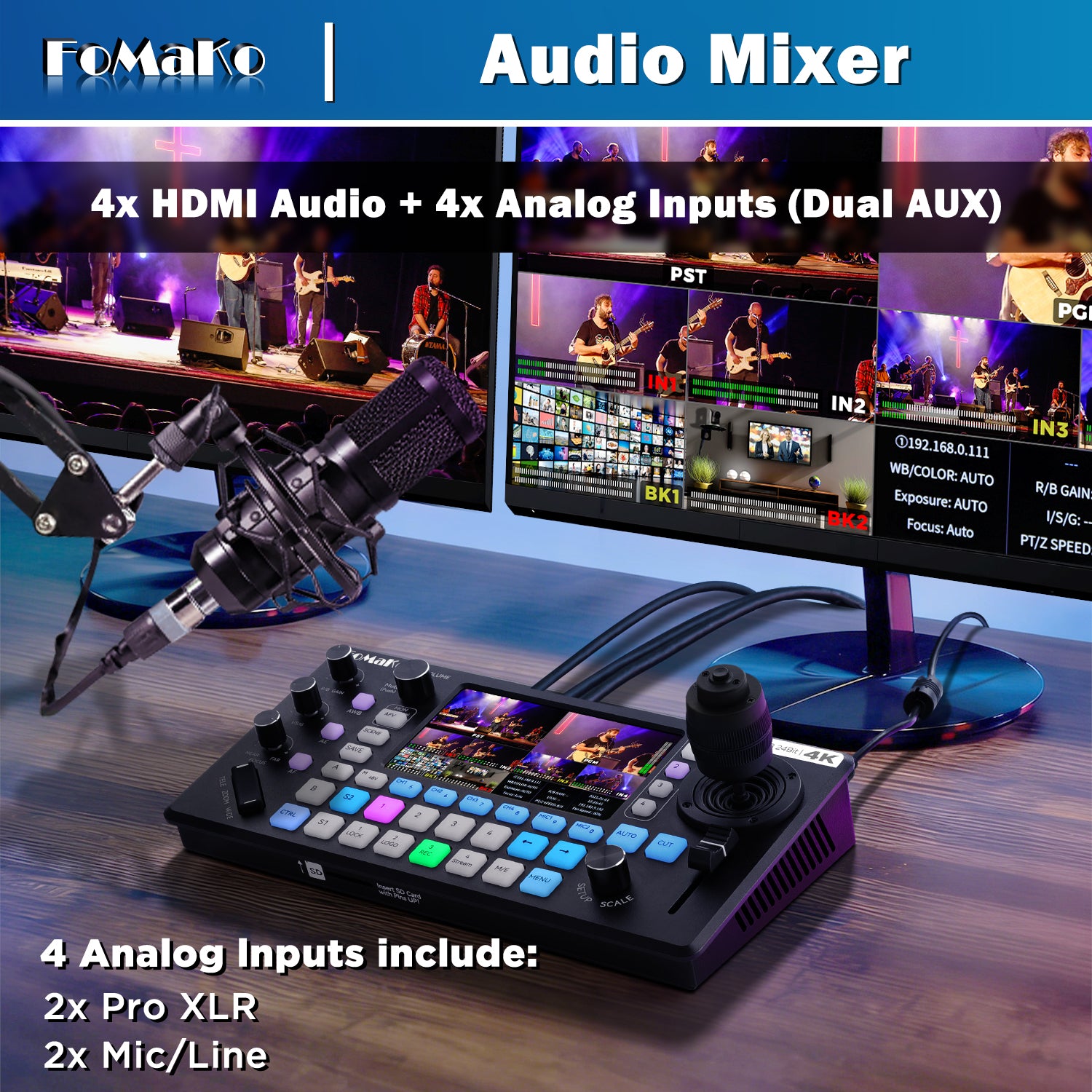 FoMaKo KC800 4K HDMI Multi-Camera Streaming Video Mixer Switcher, Integrated 4D Joystick PTZ Camera Controller, 5.5" LCD Screen, Pro XLR Audio and USB/SD Recording,4K 60FPS Input, 1080p 60FPS Output