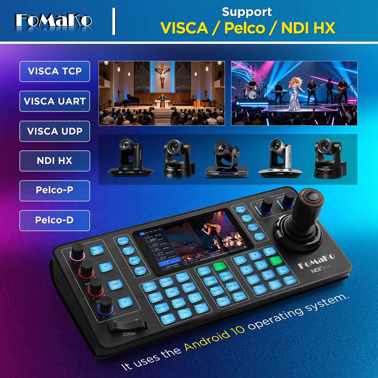 FoMaKo KC608N PTZ Camera Controller, Quad-Screen 4K Multi-Channel Preview, 5.5" Capacitive Touchscreen, 4D Hall Joystick, PoE, VISCA/Pelco/NDI HX, for Church, Worship, Studio, Education, Events