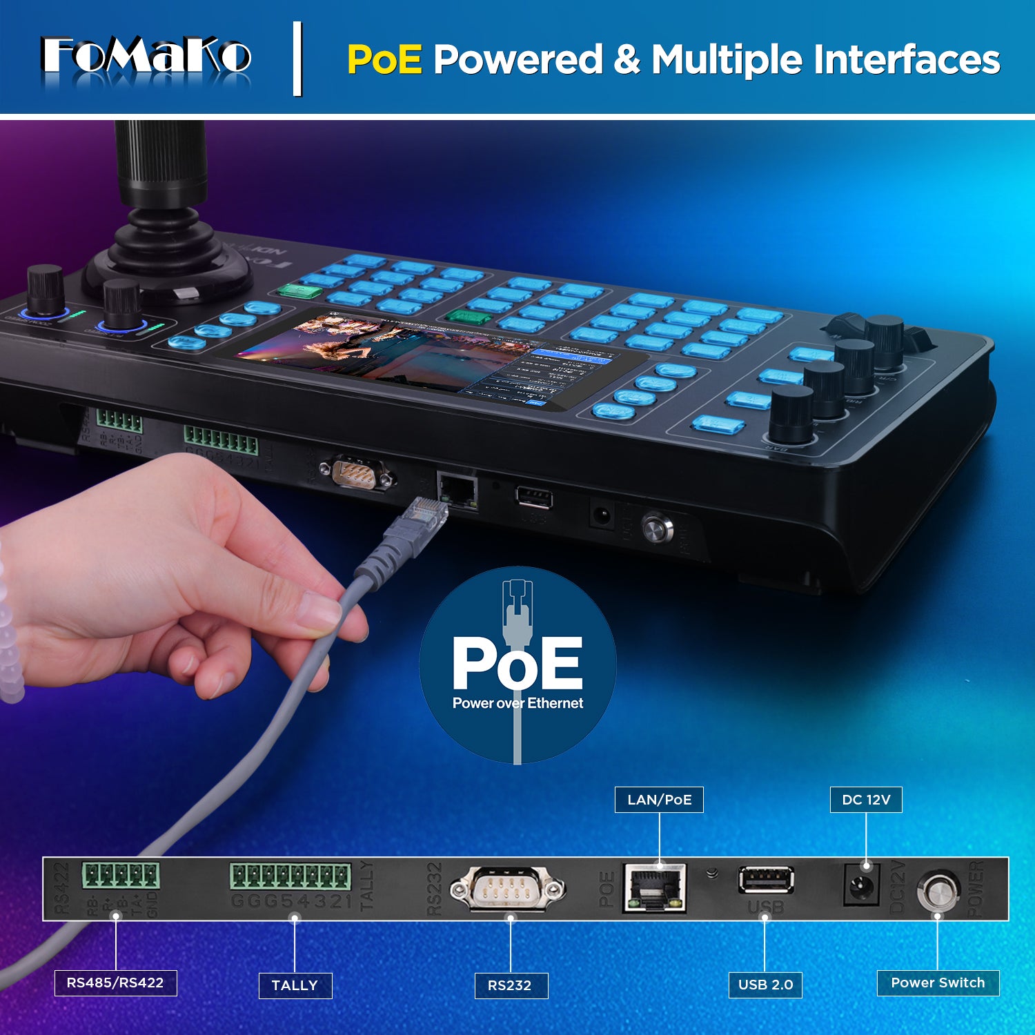 FoMaKo KC608N PTZ Camera Controller, Quad-Screen 4K Multi-Channel Preview, 5.5" Capacitive Touchscreen, 4D Hall Joystick, PoE, VISCA/Pelco/NDI HX, for Church, Worship, Studio, Education, Events