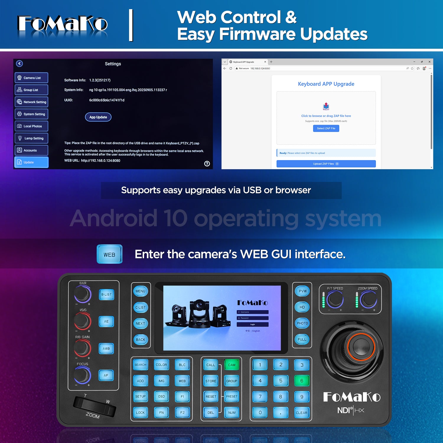 FoMaKo KC608N PTZ Camera Controller, Quad-Screen 4K Multi-Channel Preview, 5.5" Capacitive Touchscreen, 4D Hall Joystick, PoE, VISCA/Pelco/NDI HX, for Church, Worship, Studio, Education, Events
