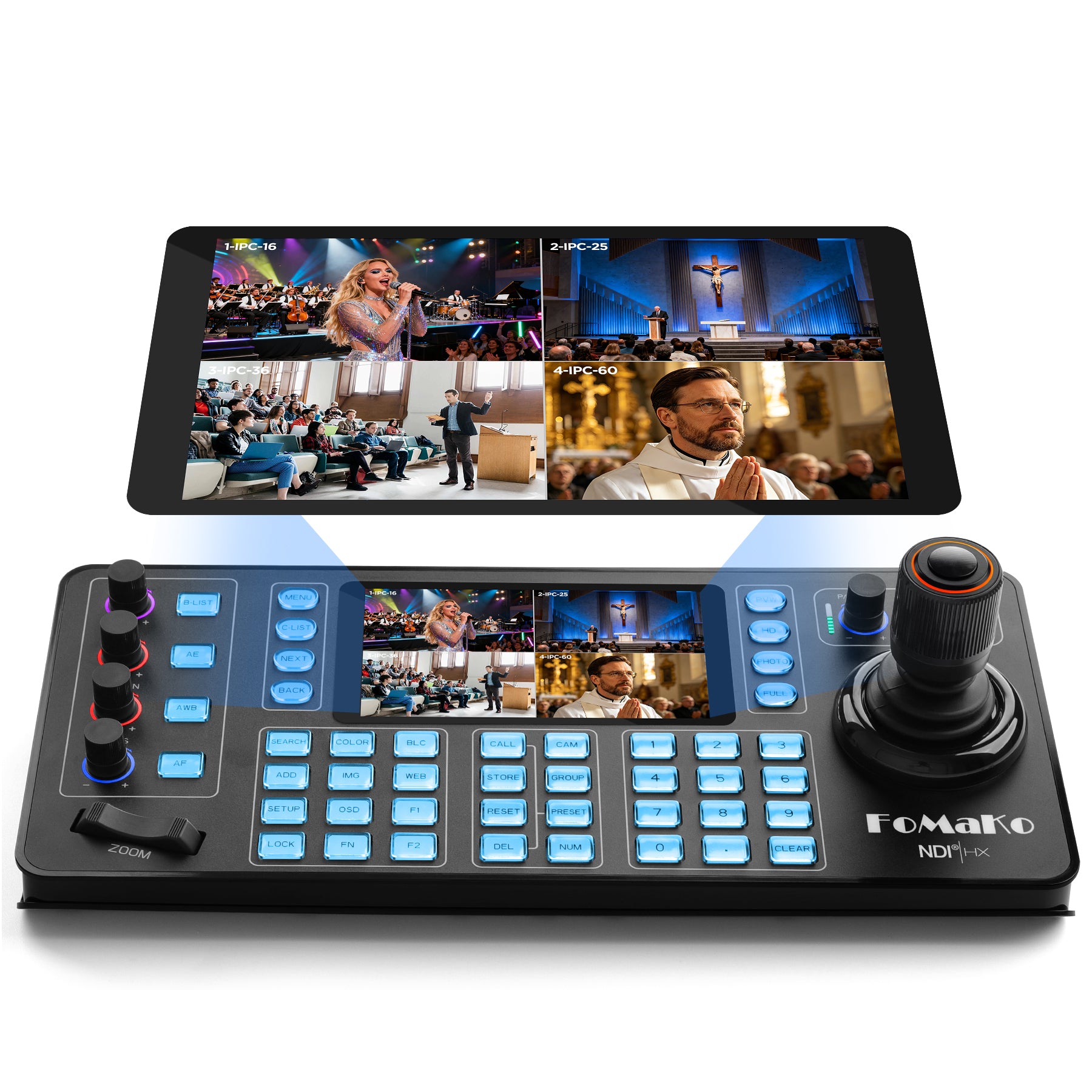 FoMaKo KC608N PTZ Camera Controller, Quad-Screen 4K Multi-Channel Preview, 5.5" Capacitive Touchscreen, 4D Hall Joystick, PoE, VISCA/Pelco/NDI HX, for Church, Worship, Studio, Education, Events
