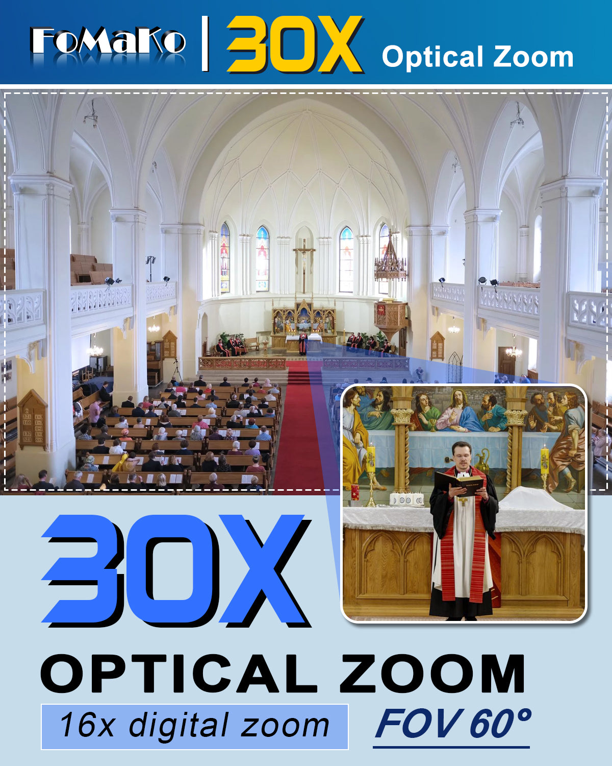 FoMaKo K30NS 4K 30x Optical Zoom PTZ Camera with NDI 6 & NDI HX3, AI Auto-Tracking Gen 3, 3G-SDI/LAN/USB3.0/HDMI – Professional Live Streaming Camera for Church, Worship, Education & Conference