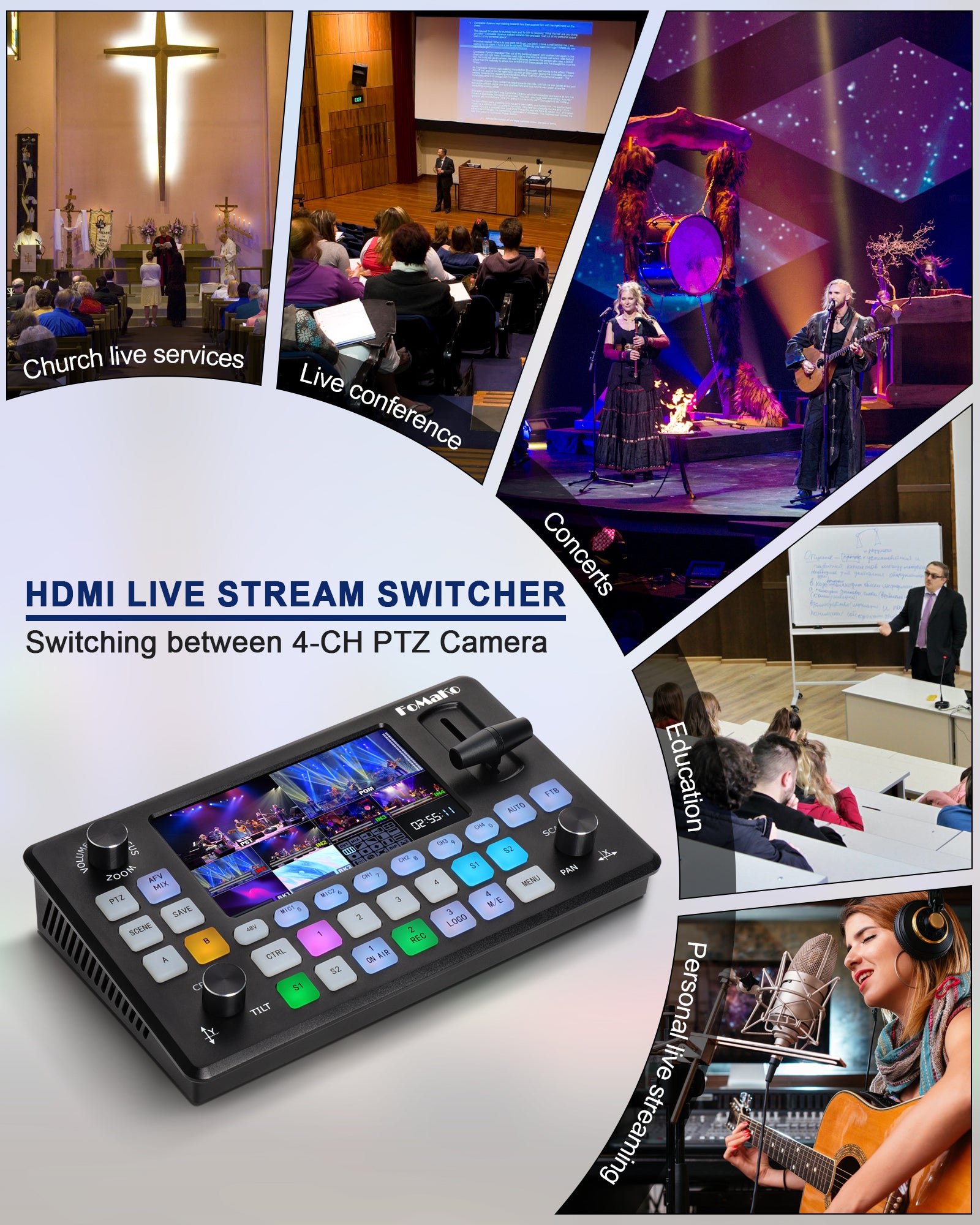 FoMaKo 5.5 Inch FHD LCD Screen 4-Channel HDMI Live Streaming Switcher 1080p 60FPS USB Video Recording USB3.0 HDMI Video Switcher KC601 Pro