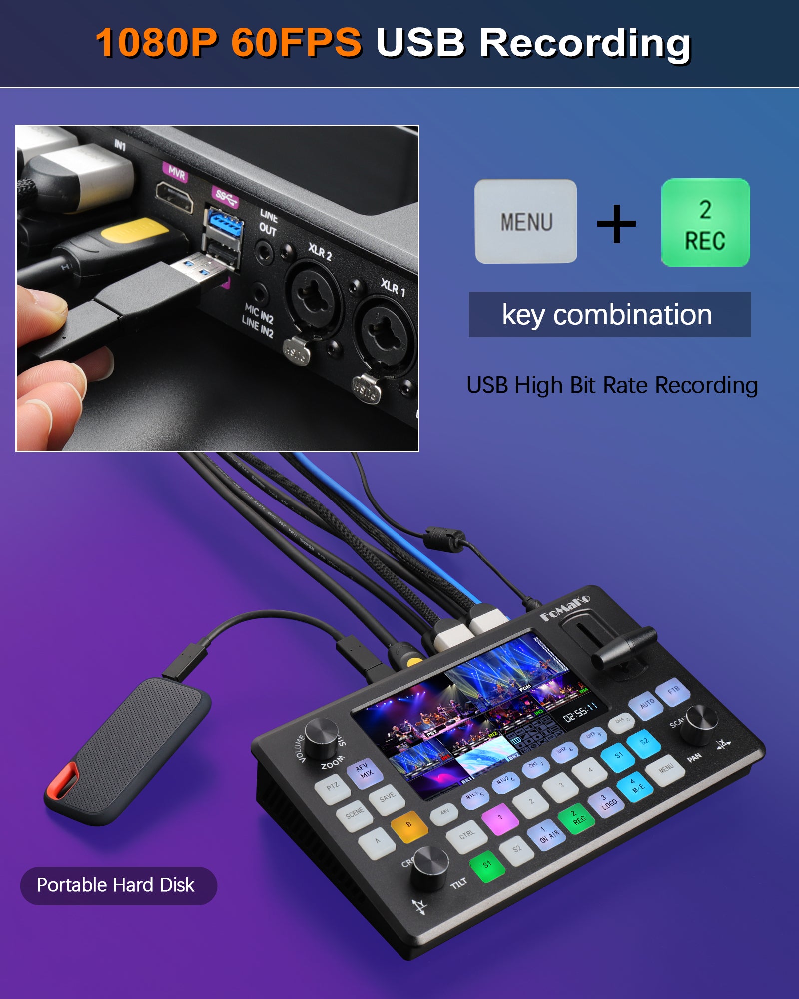 FoMaKo 5.5 Inch FHD LCD Screen 4-Channel HDMI Live Streaming Switcher 1080p 60FPS USB Video Recording USB3.0 HDMI Video Switcher KC601 Pro