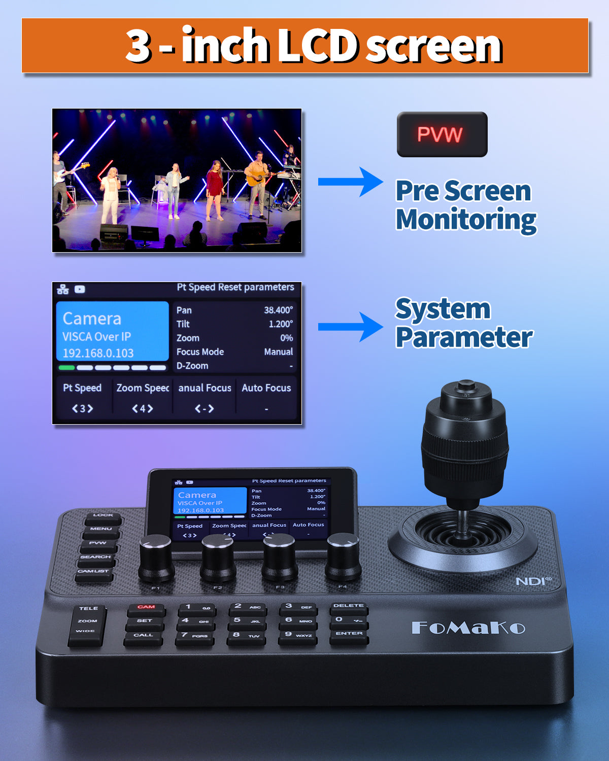 FoMaKo NDI PTZ Camera Controller, LCD Preview, NDI PTZ Controller Keyboard with 4D Joystick, for Church Worship Education Conference Events (NDI License Included) KC606N NDI Controller