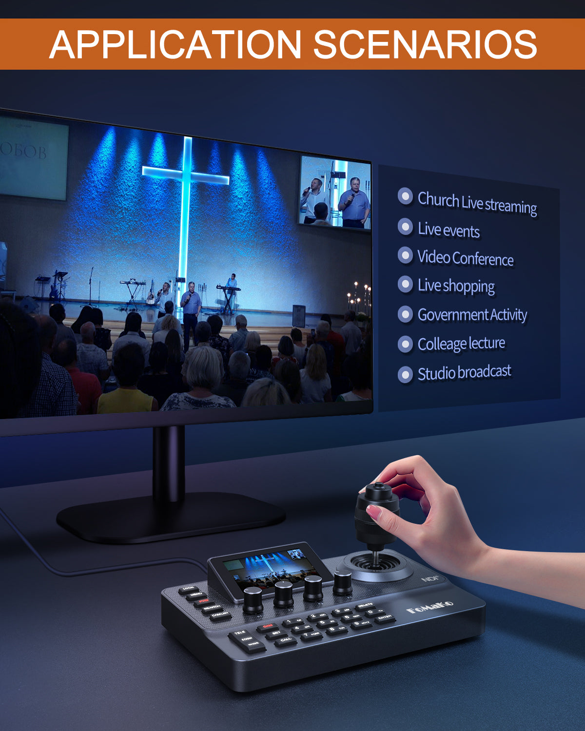 FoMaKo NDI PTZ Camera Controller, LCD Preview, NDI PTZ Controller Keyboard with 4D Joystick, for Church Worship Education Conference Events (NDI License Included) KC606N NDI Controller