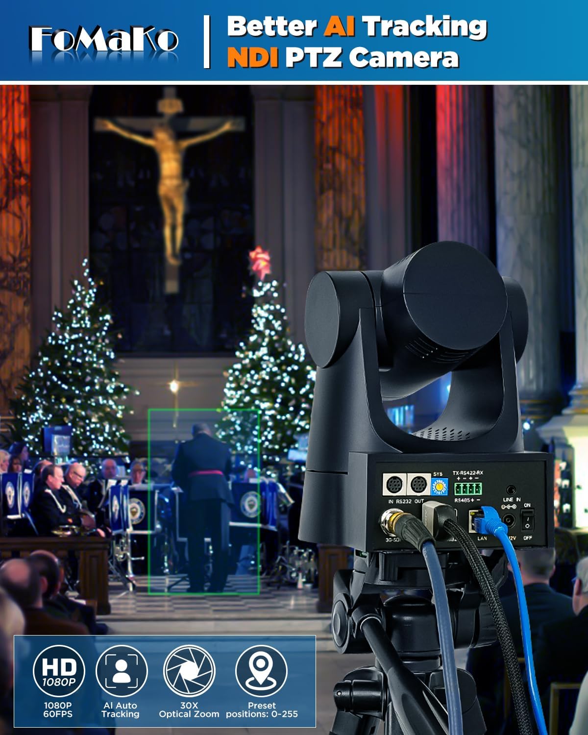 FoMaKo KN30A Pro NDI PTZ Camera,30X Optical Zoom, AI Auto-Tracking Gen 3, HDMI PTZ Camera for Church Worship Live Services Education Events PoE(Official NDI 6 & NDI HX3 Certified)