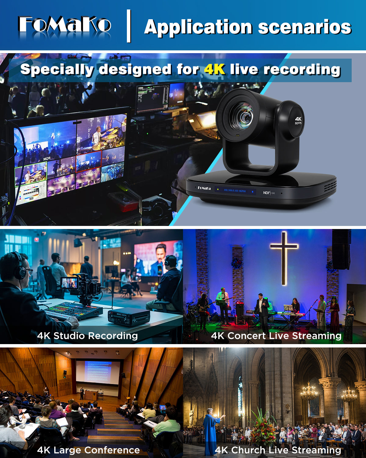 FoMaKo K820S 12G-SDI 4K 60FPS NDI PTZ Camera,Support Freed,20X Optical Zoom,4KP60 AI Tracking, 1/1.8 UHD CMOS 8.42MP HDMI USB3.0 3G-SDI, 12G SDI PTZ Camera for Church (NDI 6 & NDI HX3 Certified)
