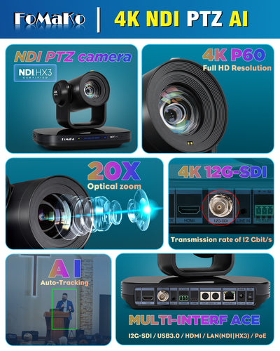 FoMaKo K820S 12G-SDI 4K 60FPS NDI PTZ Camera,Support Freed,20X Optical Zoom,4KP60 AI Tracking, 1/1.8 UHD CMOS 8.42MP HDMI USB3.0 3G-SDI, 12G SDI PTZ Camera for Church (NDI 6 & NDI HX3 Certified)