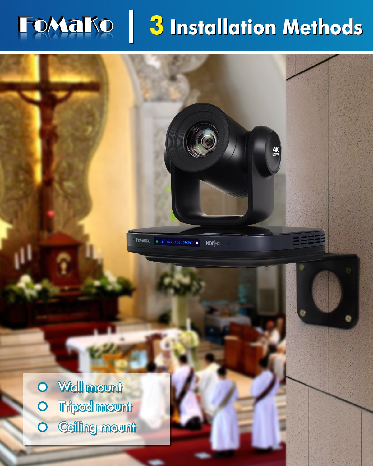 FoMaKo K820S 12G-SDI 4K 60FPS NDI PTZ Camera,Support Freed,20X Optical Zoom,4KP60 AI Tracking, 1/1.8 UHD CMOS 8.42MP HDMI USB3.0 3G-SDI, 12G SDI PTZ Camera for Church (NDI 6 & NDI HX3 Certified)