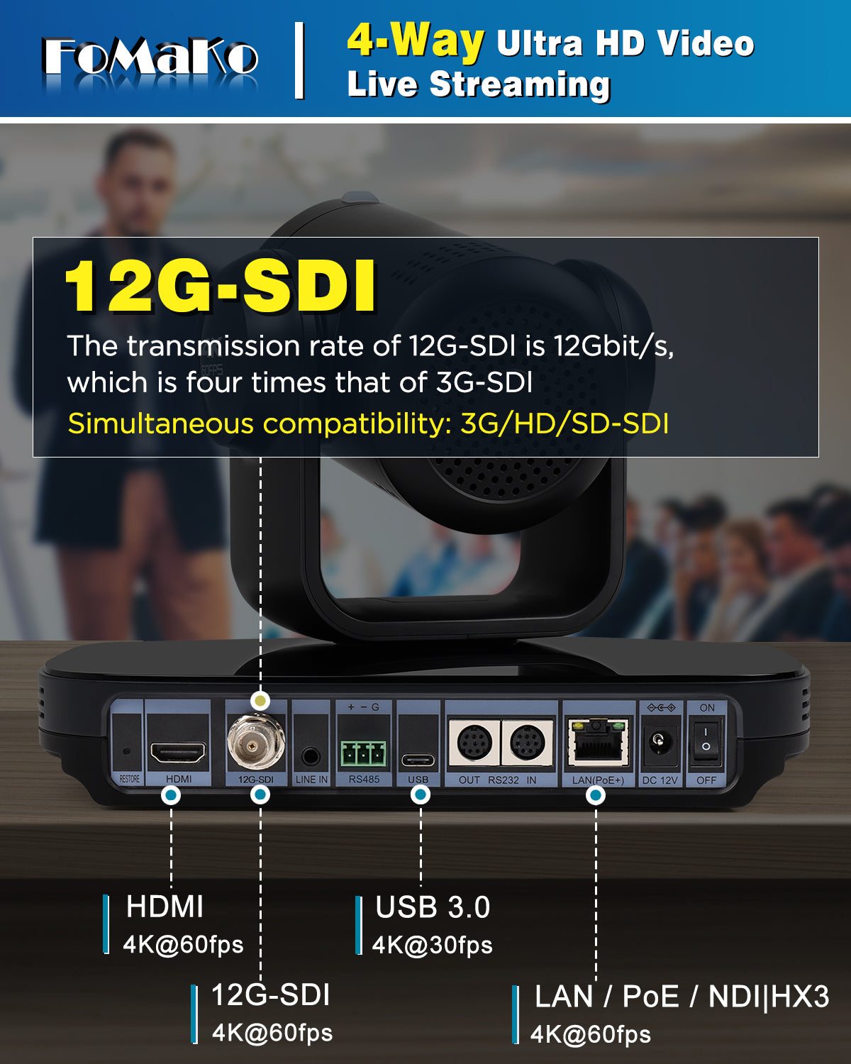 FoMaKo K820S 12G-SDI 4K 60FPS NDI PTZ Camera,Support Freed,20X Optical Zoom,4KP60 AI Tracking, 1/1.8 UHD CMOS 8.42MP HDMI USB3.0 3G-SDI, 12G SDI PTZ Camera for Church (NDI 6 & NDI HX3 Certified)