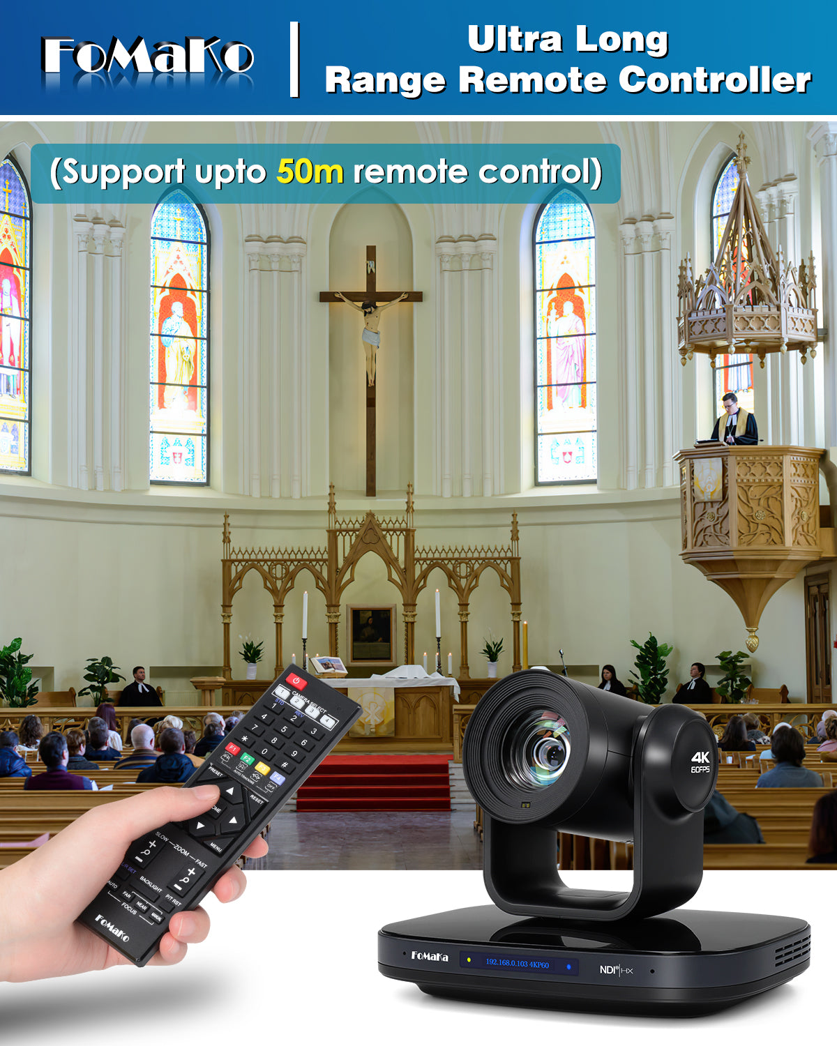 FoMaKo K820S 12G-SDI 4K 60FPS NDI PTZ Camera,Support Freed,20X Optical Zoom,4KP60 AI Tracking, 1/1.8 UHD CMOS 8.42MP HDMI USB3.0 3G-SDI, 12G SDI PTZ Camera for Church (NDI 6 & NDI HX3 Certified)