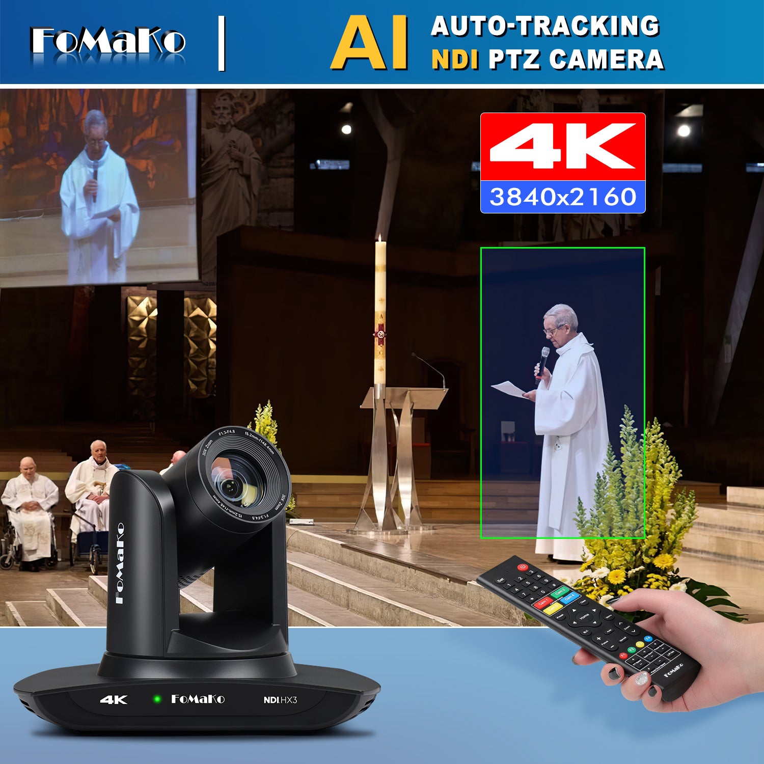 FoMaKo K20NS 4K HDMI PTZ Camera NDI HX3, AI Auto-Tracking Gen 3, 20X Optical Zoom, 3G-SDI IP USB3.0 LAN HDMI NDI PTZ Camera 4K for Church Worship Education Conferences