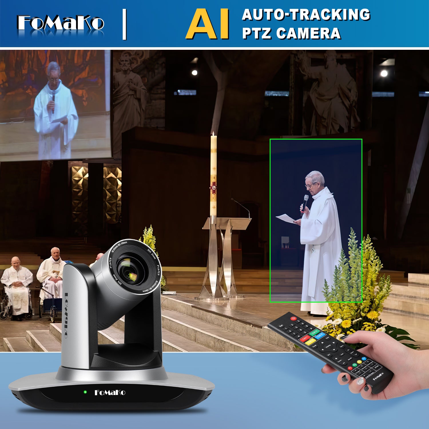 FoMaKo FMK12UH Pro(20x) HDMI PTZ Camera AI Auto-Tracking Gen 3, 20x Optical Zoom, IP USB3.0 HDMI Camera for Church Services Worship Education,NDI Upgradeable (Silvery)