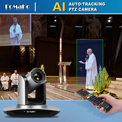 FoMaKo FMK12UH Pro(20x) HDMI PTZ Camera AI Auto-Tracking Gen 3, 20x Optical Zoom, IP USB3.0 HDMI Camera for Church Services Worship Education,NDI Upgradeable (Silvery)