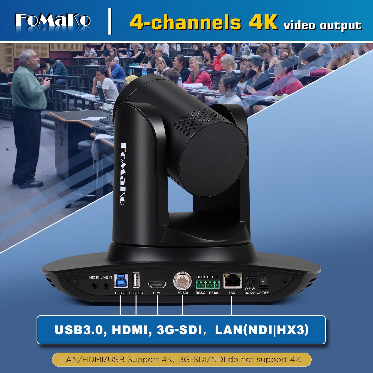 FoMaKo K20NS 4K HDMI PTZ Camera NDI HX3, AI Auto-Tracking Gen 3, 20X Optical Zoom, 3G-SDI IP USB3.0 LAN HDMI NDI PTZ Camera 4K for Church Worship Education Conferences