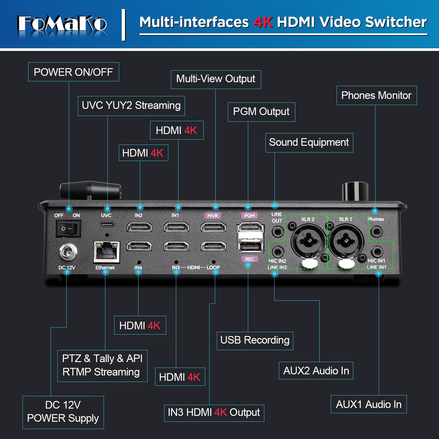 FoMaKo 4K HDMI Video Mixer Switcher, 5.5 Inch FHD LCD Screen, 4-Channel HDMI Live Streaming Switcher, 4K 60FPS Input, 1080p 60FPS Output, Support PTZ Controller,KC602
