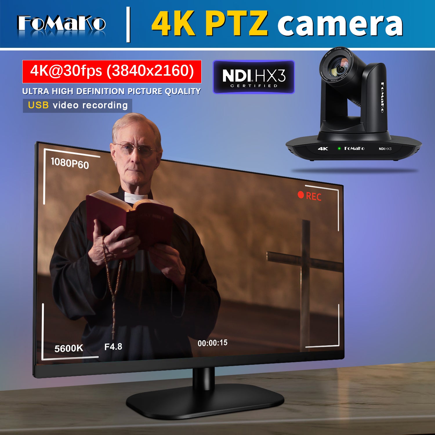FoMaKo K20NS 4K HDMI PTZ Camera NDI HX3, AI Auto-Tracking Gen 3, 20X Optical Zoom, 3G-SDI IP USB3.0 LAN HDMI NDI PTZ Camera 4K for Church Worship Education Conferences
