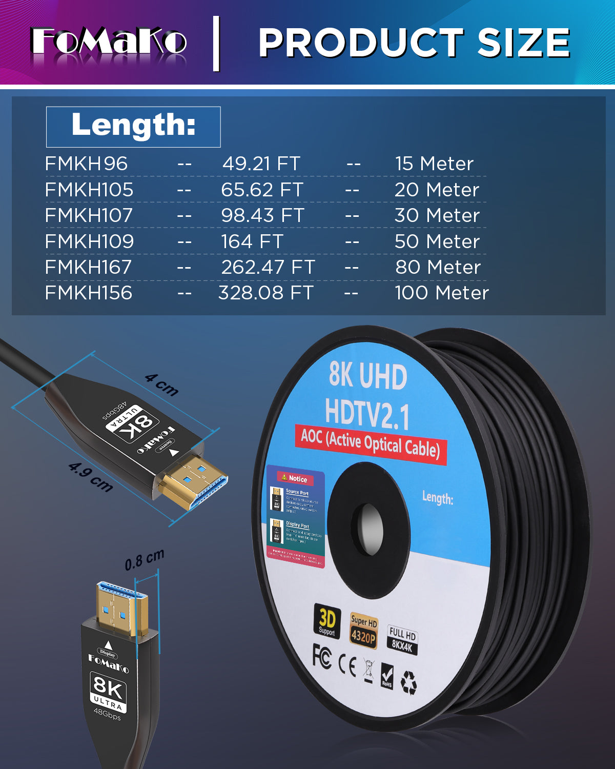 FoMaKo 8K 4K Full Fiber Optic HD Cable 164 FT 50 Meter, Ultra High Speed 48Gbps,UHD HDTV 2.1, Support 8K@60Hz 4K@120Hz, Dynamic HDR, eARC, Active Optical Cable (AOC)