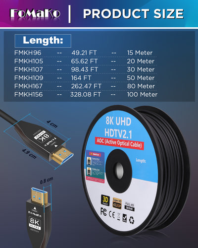 FoMaKo 8K 4K Full Fiber Optic HD Cable 164 FT 50 Meter, Ultra High Speed 48Gbps,UHD HDTV 2.1, Support 8K@60Hz 4K@120Hz, Dynamic HDR, eARC, Active Optical Cable (AOC)
