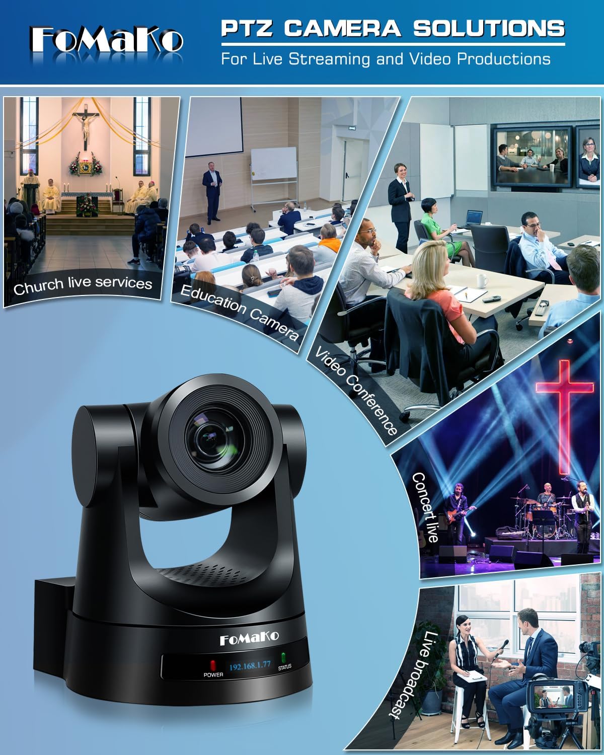 FoMaKo FMK20SDI Pro PTZ Camera HDMI, AI Auto-Tracking Gen 3, 20x Optical Zoom, True to Life Colors, PoE, HDMI PTZ Camera for Church Services Worship Education vMix OBS