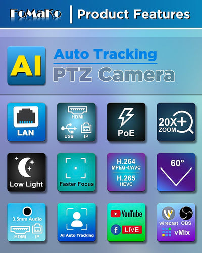 FoMaKo FMK20SDI Pro PTZ Camera HDMI, AI Auto-Tracking Gen 3, 20x Optical Zoom, True to Life Colors, PoE, HDMI PTZ Camera for Church Services Worship Education vMix OBS