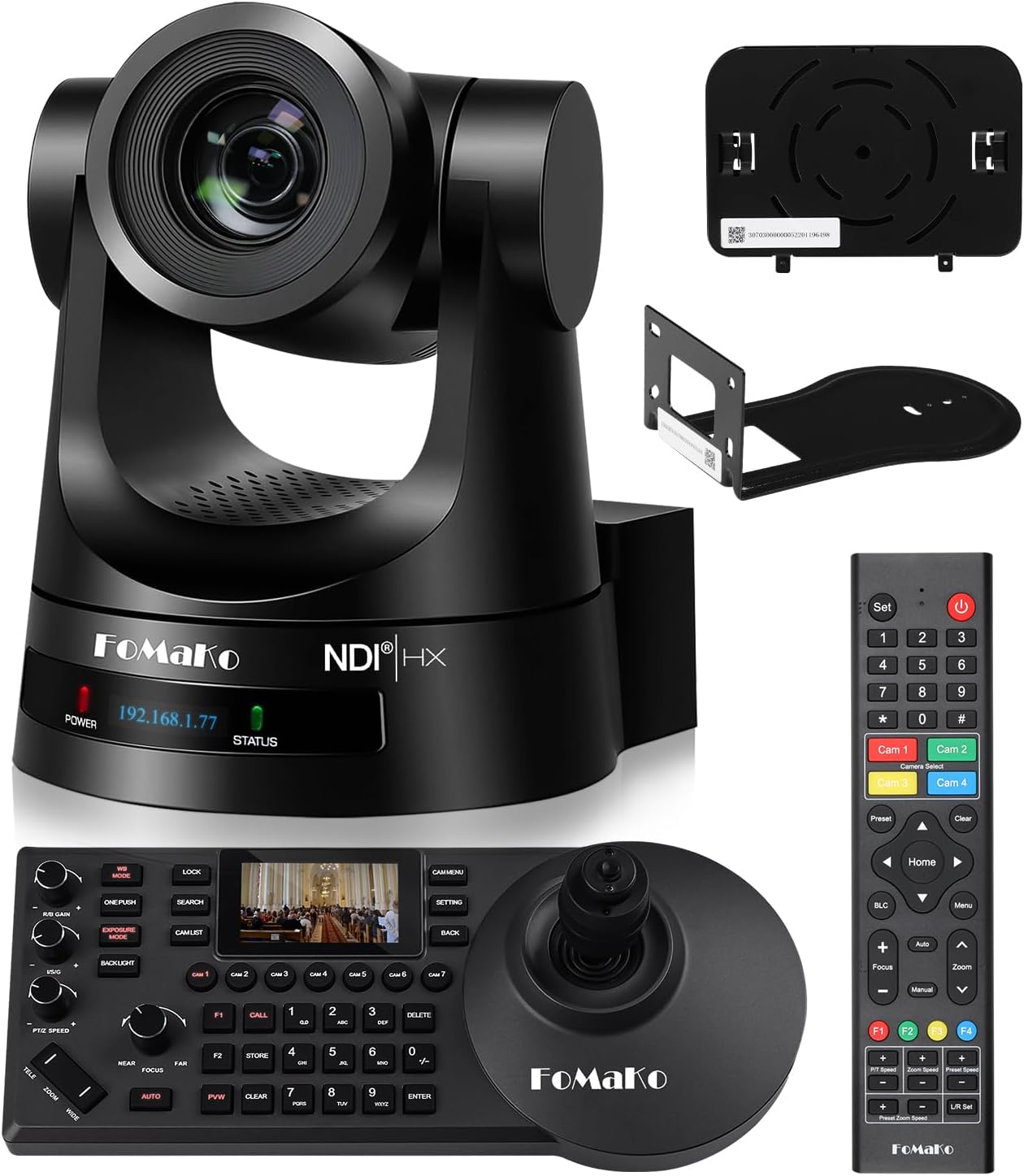 FoMaKo NDI PTZ Camera Bundle, AI Auto-Tracking Gen3, 20X Zoom PoE HDMI, PTZ Controller for Church Worship, KN20A+KC608 BN201