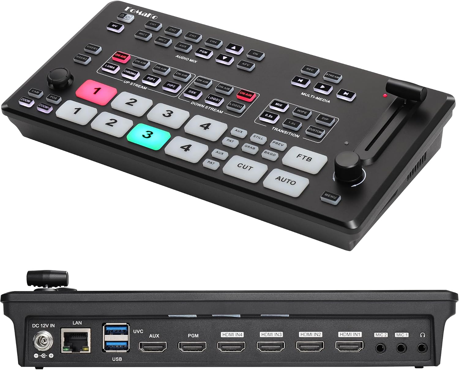 FoMaKo 4K HDMI Video Mixer Switcher, 5-Channel Live Streaming Switcher, 4K 60FPS Input, 1080p 60FPS Output, Support PTZ Controller, HDMI Video Switcher,NDI Upgradeable, M1