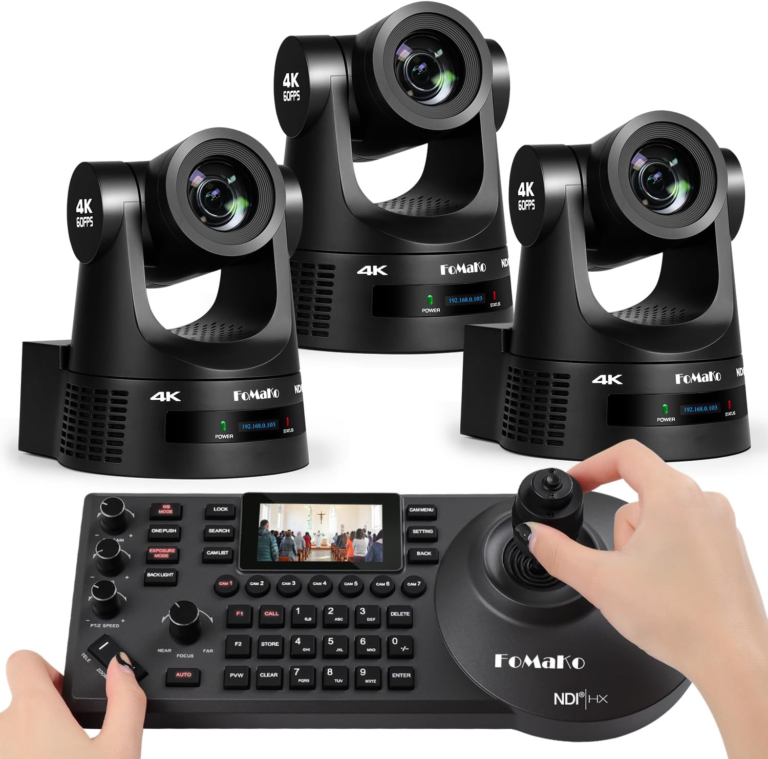 FoMaKo 4K 60fps NDI PTZ Camera Bundle, Supports NDI HX3 4K 60fps Output, 20x Optical Zoom, Gen 3 AI Auto-Tracking, 3G-SDI/HDMI/NDI/USB/PoE, for Church Worship & Live Studio,K600N x3+KC608,BK203