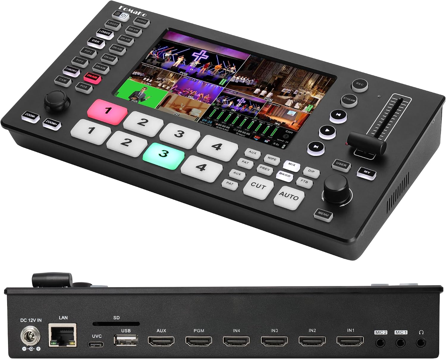 FoMaKo 4K HDMI Video Mixer Switcher, 5.5 Inch FHD LCD Screen, 5-Channel Live Streaming Switcher, 4K 60FPS Input, 1080p 60FPS Output, Support PTZ Controller, HDMI Video Switcher,NDI Upgradeable, M3