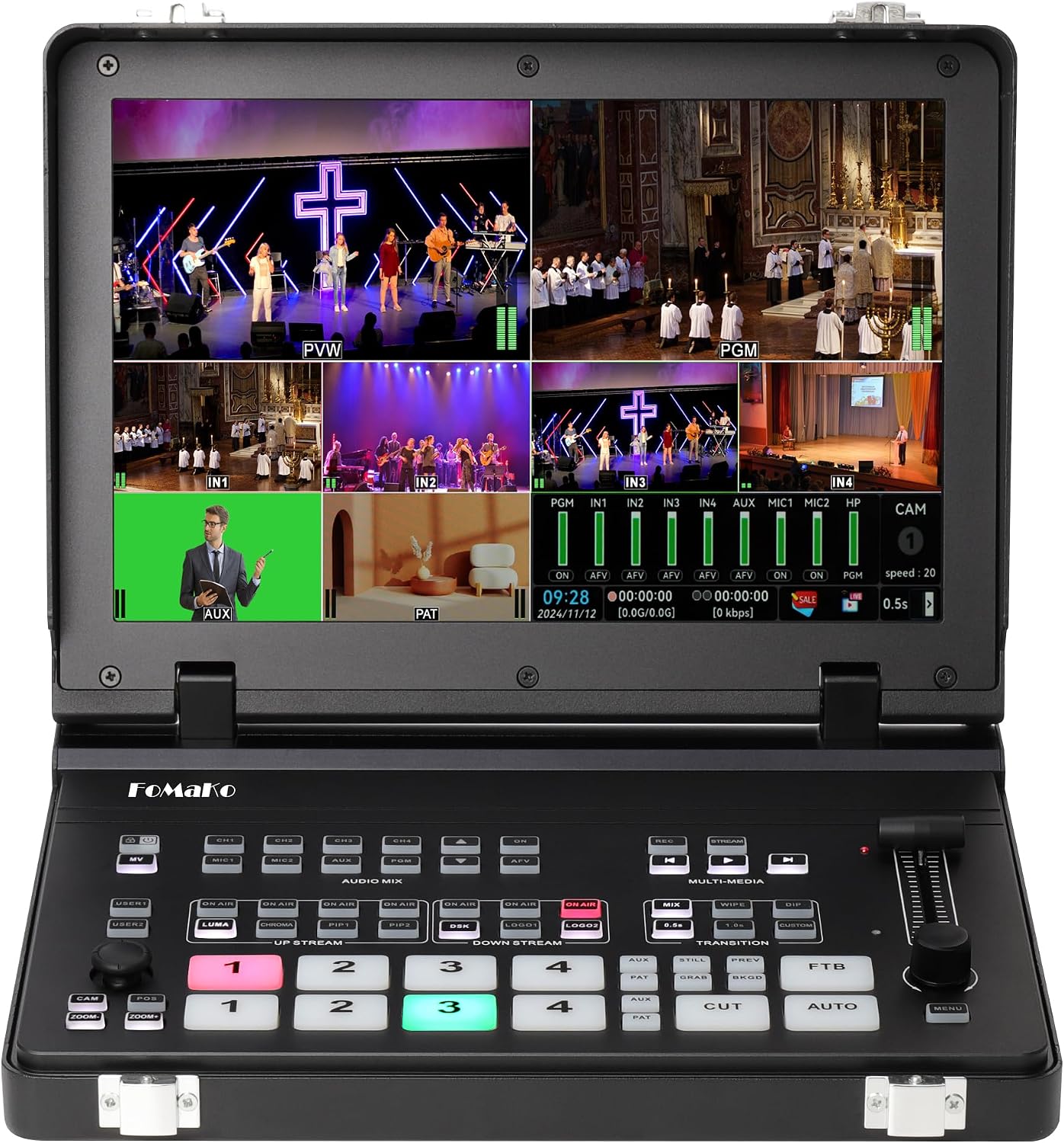 FoMaKo 4K HDMI Video Mixer Switcher, 10.1 Inch FHD LCD Screen, 5-CH Live Streaming Switcher, 4K 60FPS Input, 1080p 60FPS Output, Support PTZ Controller, SDI + HDMI Video Switcher,M6(NDI Upgradeable)