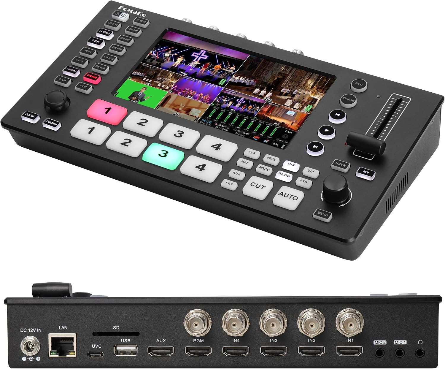 FoMaKo 4k HDMI Video Mixer Switcher,4xSDI&4xHDMI Input,5.5 Inch FHD LCD Screen, 5-Channel Multi-Cam Live Streaming Switcher, 4K 60FPS Input, 1080p 60FPS Output,Support PTZ Controller, M4