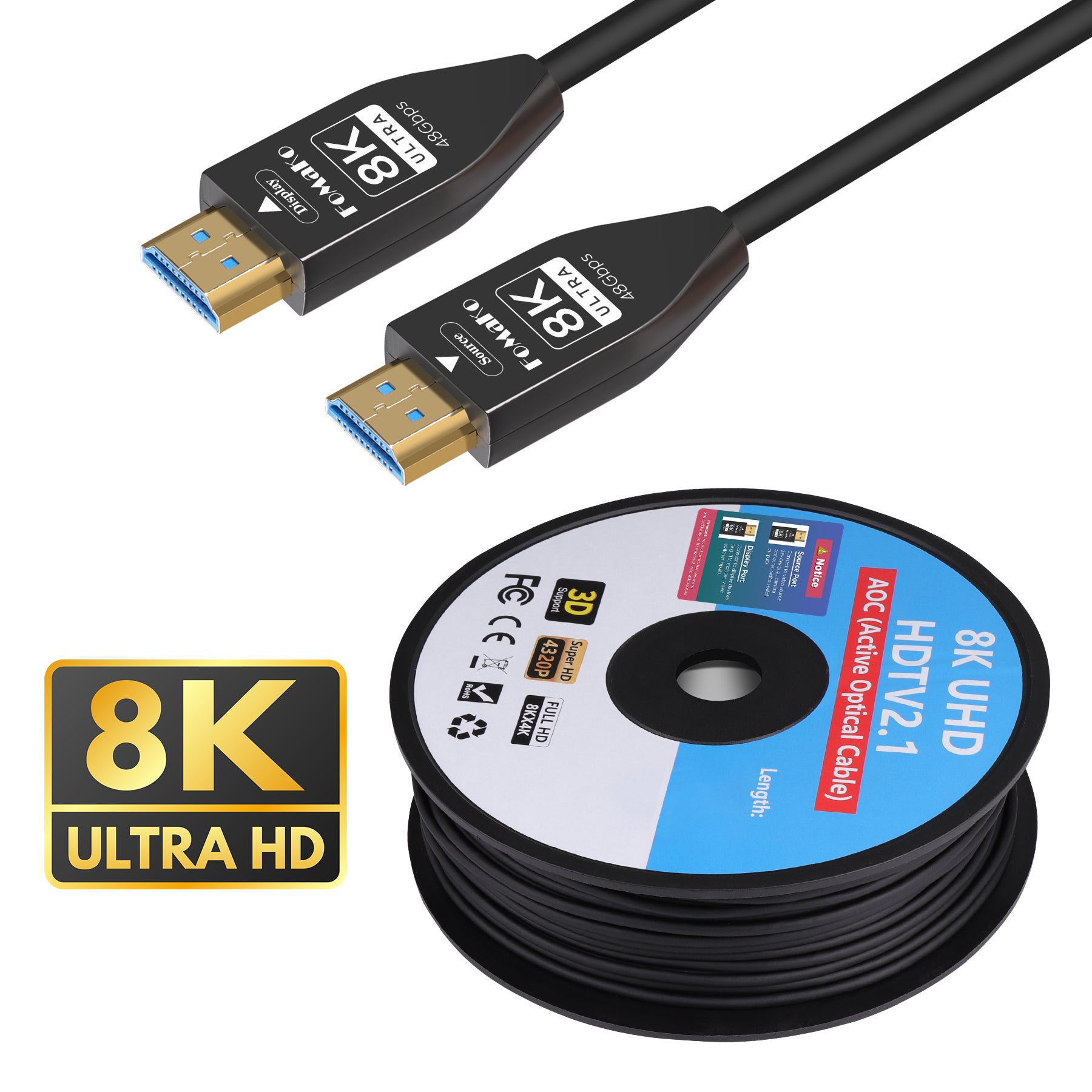 FoMaKo 8K 4K Full Fiber Optic HD Cable 164 FT 50 Meter, Ultra High Speed 48Gbps,UHD HDTV 2.1, Support 8K@60Hz 4K@120Hz, Dynamic HDR, eARC, Active Optical Cable (AOC)