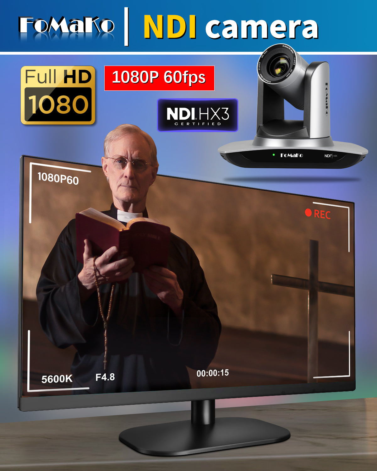 FoMaKo FMK20UH NDI PTZ Camera, AI Auto-Tracking Gen 3, 20x Optical Zoom LAN USB3.0 HDMI PTZ Camera for Church Services Worship Education (NDI 6 & NDI HX3 Certified)