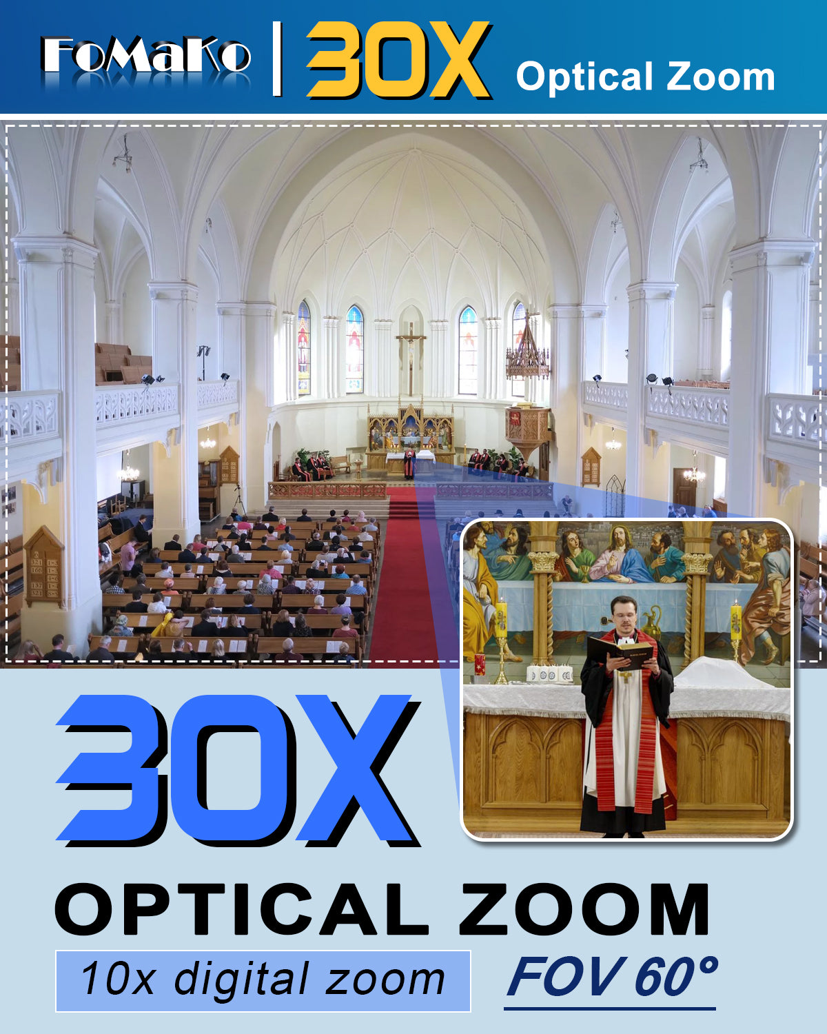 FoMaKo FMK30UH NDI-B NDI PTZ Camera,AI Auto-Tracking Gen 3, 30x Optical Zoom IP USB3.0 HDMI PTZ Camera for Church Services Worship Education (NDI 6 & NDI HX3 Certified)