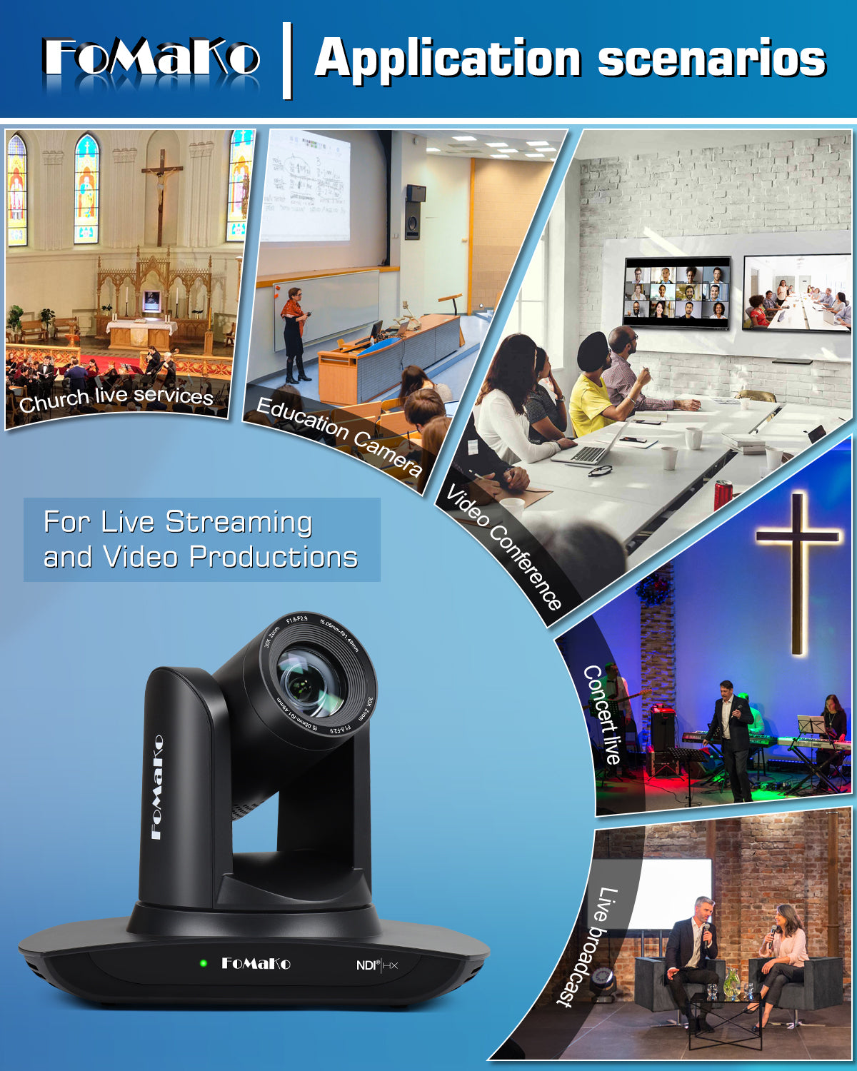 FoMaKo FMK30UH NDI-B NDI PTZ Camera,AI Auto-Tracking Gen 3, 30x Optical Zoom IP USB3.0 HDMI PTZ Camera for Church Services Worship Education (NDI 6 & NDI HX3 Certified)