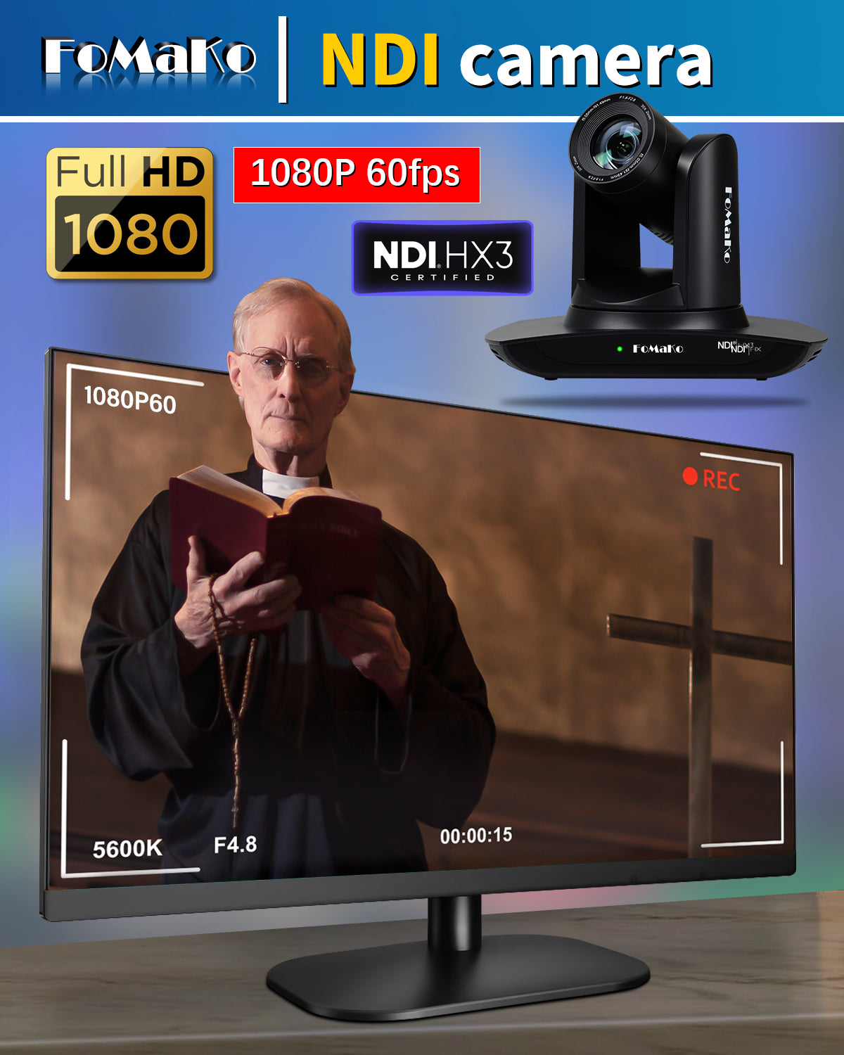 FoMaKo FMK30UH NDI-B NDI PTZ Camera,AI Auto-Tracking Gen 3, 30x Optical Zoom IP USB3.0 HDMI PTZ Camera for Church Services Worship Education (NDI 6 & NDI HX3 Certified)
