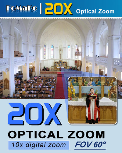 FoMaKo K20UH 4K HDMI PTZ Camera with AI Auto-Tracking(Gen 3), NDI HX3 Certified, 20X Optical Zoom, USB 3.0/LAN, PTZ Camera 4K for Church, Worship, Education, Conferences,(NDI License Included)